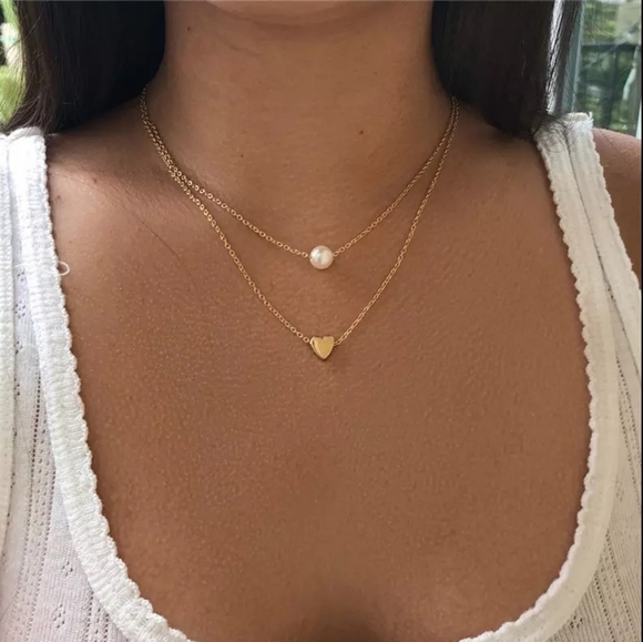 pearl heart choker necklace chain Jewelry - Layered Choker Necklace Pearl & Heart